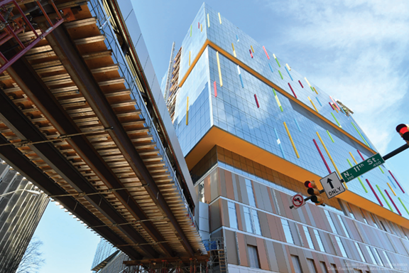 Large building with bridge connecting to another building