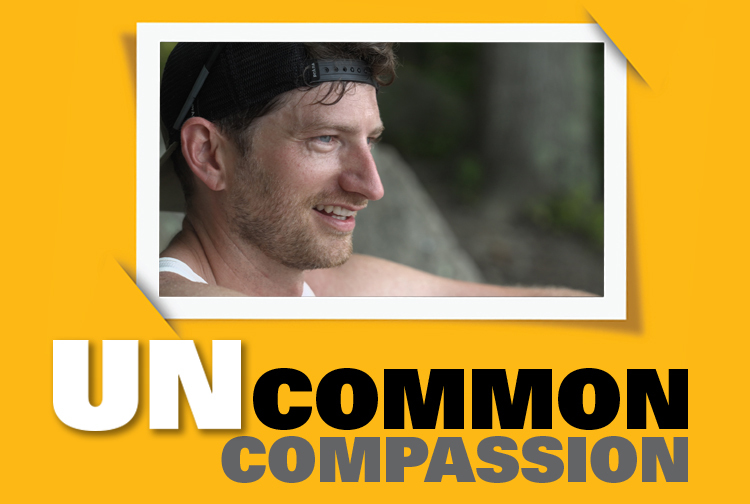 Brad smiles with the words uncommon compassion next to him