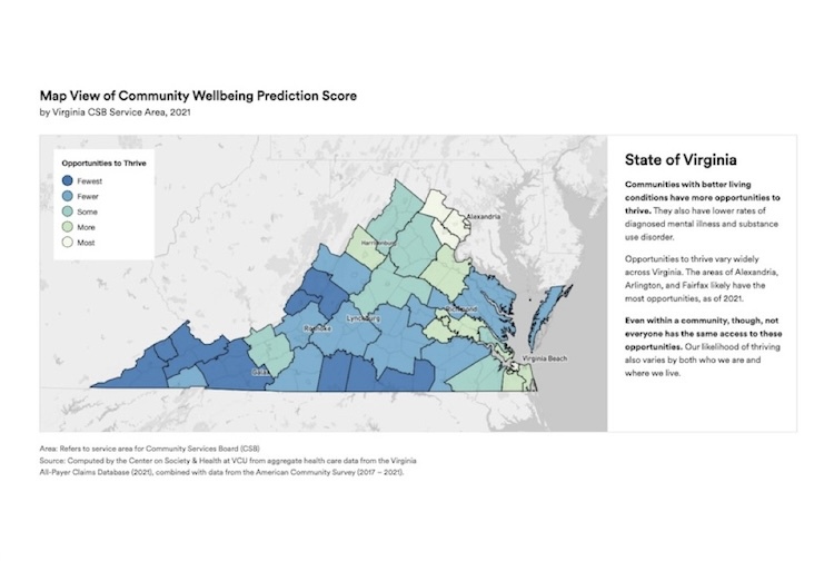 Map of the Commonwealth of Virginia with different areas in different shares of blue